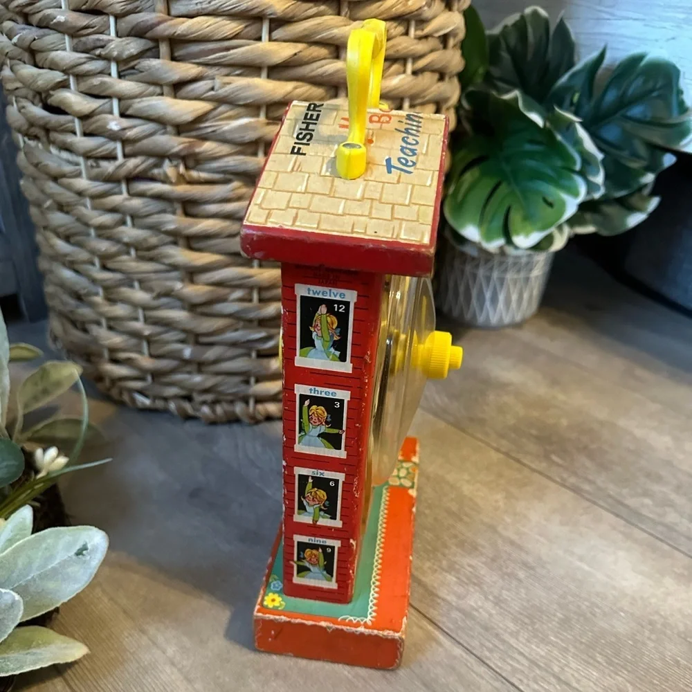 Vintage 1960s Fisher-Price Children’s Toy Red Yellow Music Box Teaching Clock